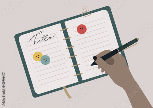 A hand skillfully writes in a stylish journal adorned with colorful mood icons against a minimalist backdrop, encouraging personal reflection and creativity during a quiet moment of self-discovery