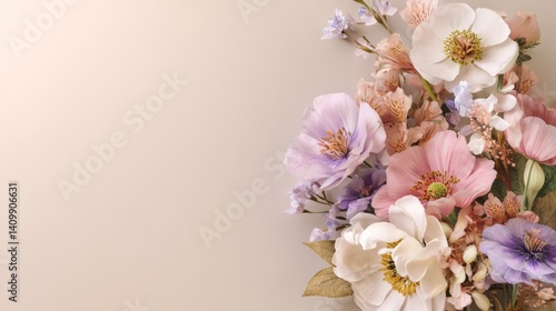 Easter decoration chick ornaments festive banners. Delicate Floral Arrangement Featuring Pastel Colored Flowers on Soft Neutral Backdrop Beauty Display.