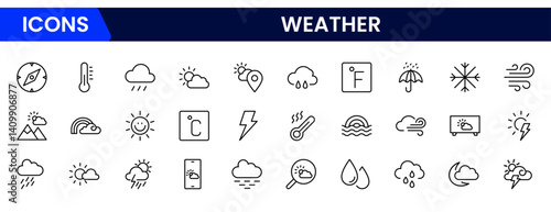 Vector illustration web line icon collection featuring sun, clouds, rain, snowflakes, and thermometers, representing various weather conditions, forecasts, and climate elements.