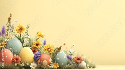 Easter decoration chick ornaments festive banners. Delightful Easter Eggs and Spring Flowers Decorative Arrangement on a Soft Yellow Color Background.