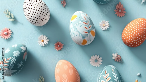 Easter decoration chick ornaments festive banners. Delightful Easter Eggs and Daisy Flowers on Light Blue Background for a Festive Spring Celebration.