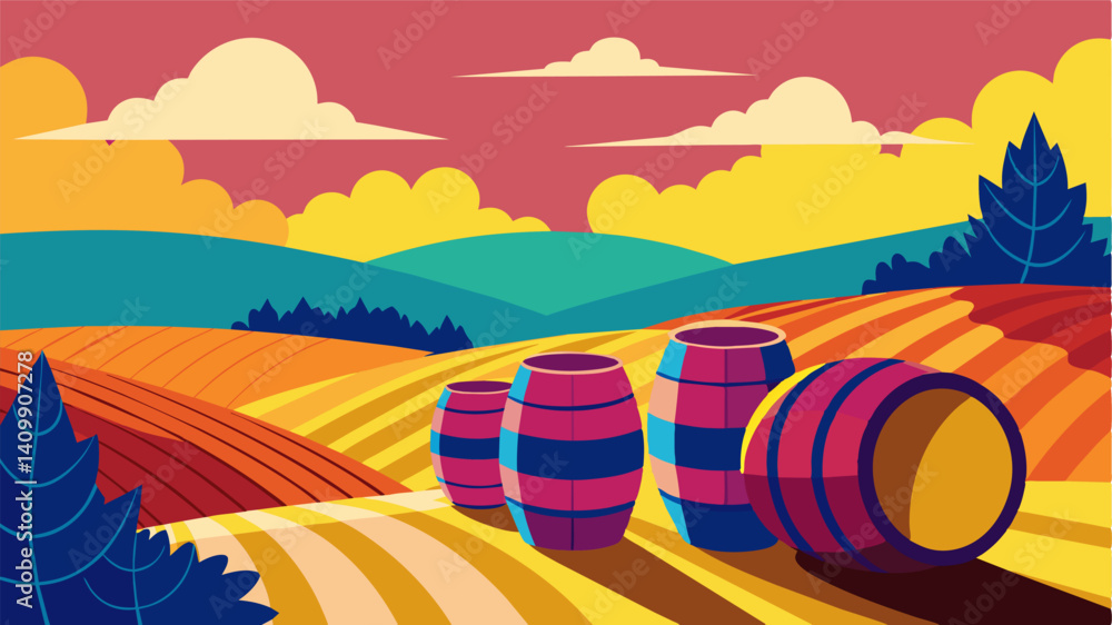 Despite the barren landscape the vibrant colors of the painted wine barrels stand out in stark contrast to their surroundings a bittersweet reminder of the onceprosperous days of. Vector illustration