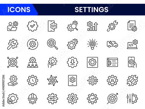 Vector illustration web line icon collection featuring gears, sliders, and control panels symbolizing configuration, preferences, customization, user settings, and system optimization tools.