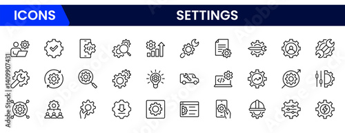 Vector illustration web line icon collection featuring gears, sliders, and control panels symbolizing configuration, preferences, customization, user settings, and system optimization tools.