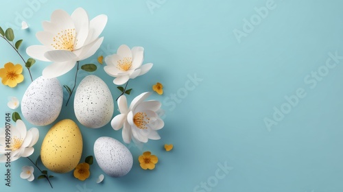 Easter decoration chick ornaments festive banners. Easter Eggs and White Flowers Spring Still Life on Light Blue Backdrop Celebration Arrangement.