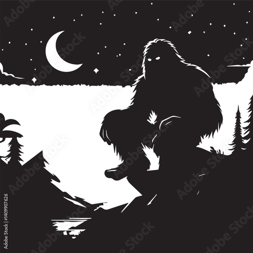 bigfoot black color yeti silhouette sitting on a mountain