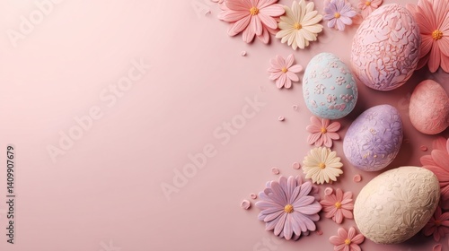 Easter decoration chick ornaments festive banners. Easter Eggs and Pink Flowers Composition for Spring Holiday Celebration and Decoration Background.