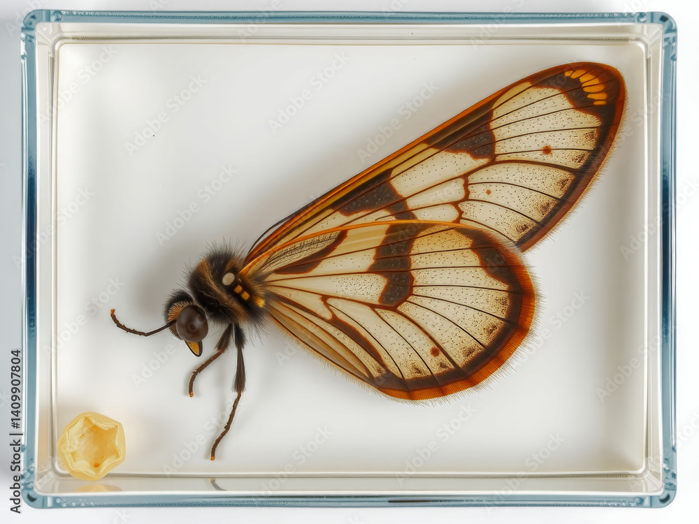 A butterfly is in a glass case with a yellow object. The butterfly is brown and white with black spots