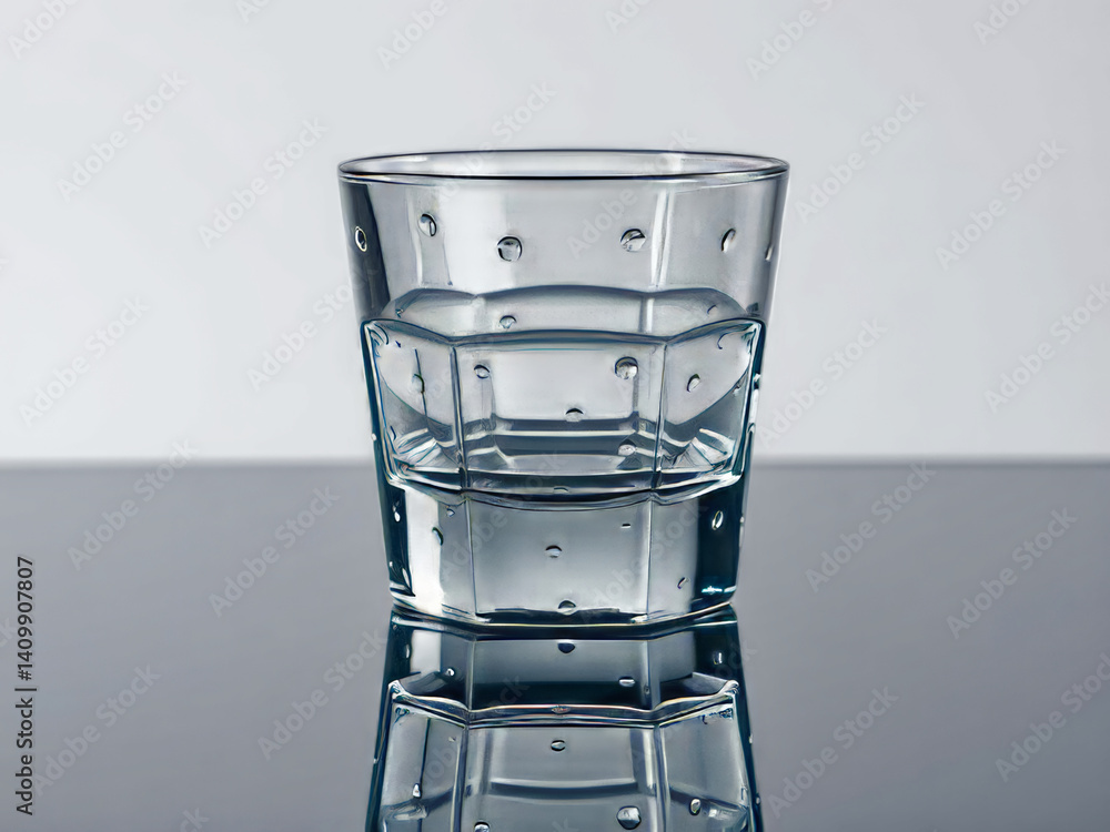 A glass with a lot of dots on it. The glass is sitting on a table