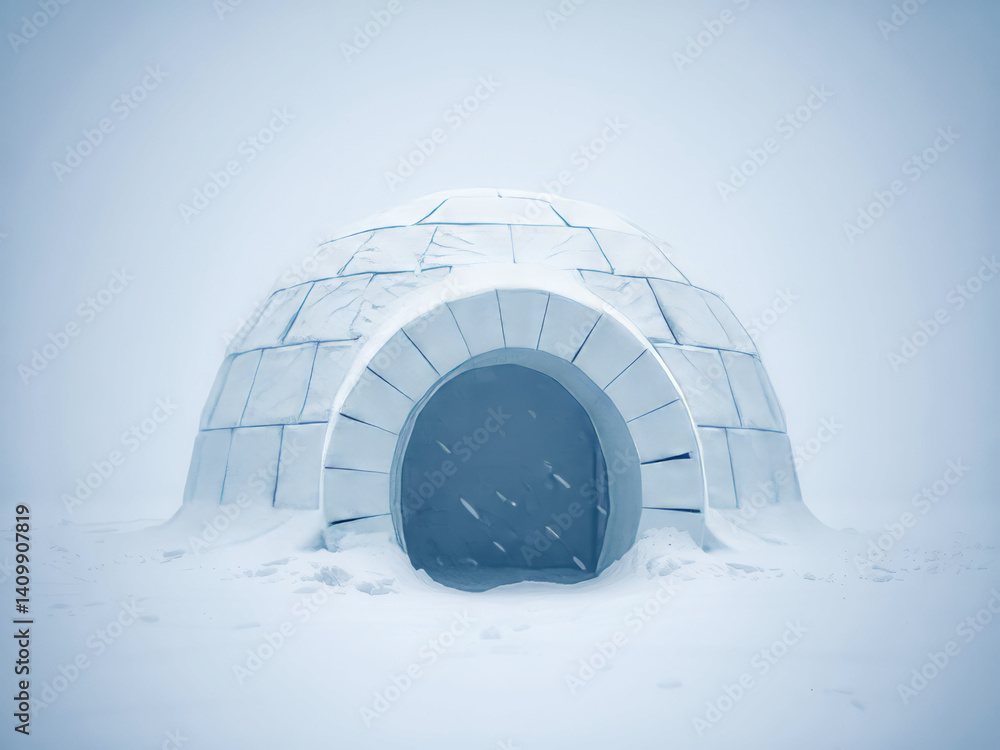 A small igloo is sitting in the snow. The igloo is made of ice and snow and has a small entrance. The igloo is surrounded by snow and he is a small, cozy shelter