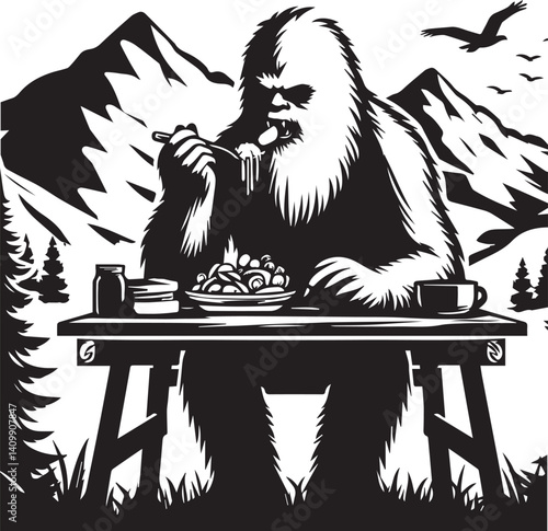 Bigfoot Yeti black and white eating food on a mountain silhouette vector design