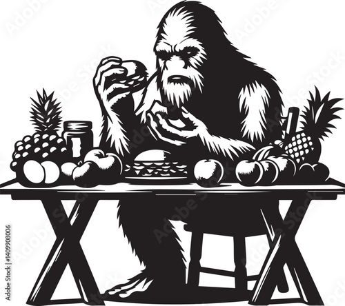 Bigfoot Yeti black and white eating fruits on a table silhouette vector design 
