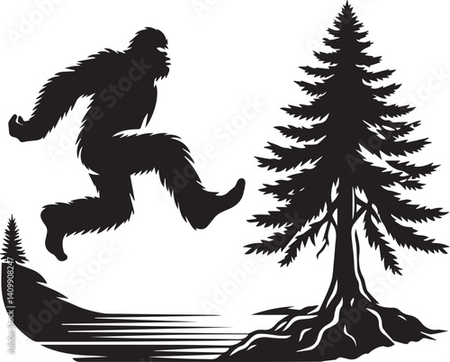 Bigfoot Yeti black and white jumping on a tree silhouette vector design 