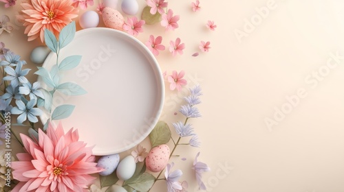 Easter decoration chick ornaments festive banners. Elegant Easter Arrangement with Pastel Flowers and Decorative Eggs on Cream Colored Background Style.