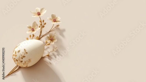 Easter decoration chick ornaments festive banners. Elegant Easter Egg Adorned with Delicate Floral Design in a Soft Lit Background.