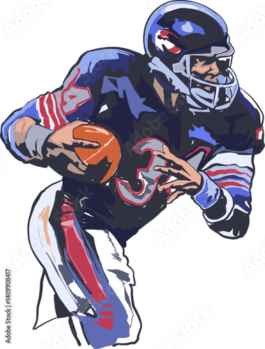Vector illustration of an American football player wearing a number three suit, running with a ball in his hand. Hand sketch sport vector. 
