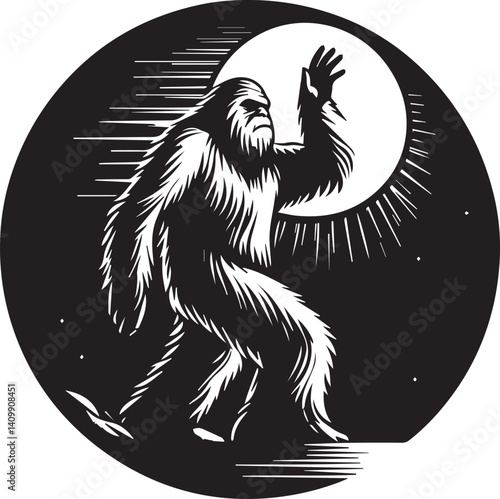 Bigfoot Yeti black and white looking at the sun silhouette vector design