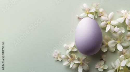 Easter decoration chick ornaments festive banners. Elegant Easter Egg Surrounded by Delicate White Blossoms on a Soft Green Background Scenery.