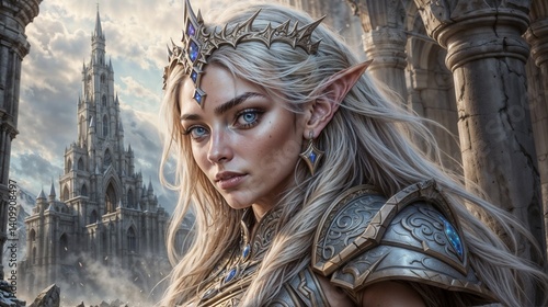 fantasy female elf in detailed armor standing before ancient gothic fortress for use in role playing game visuals or cinematic illustrations