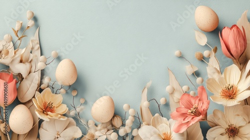 Easter decoration chick ornaments festive banners. Elegant Easter Springtime Celebration with Decorative Eggs and Delicate Flowers on a Light Blue Surface.