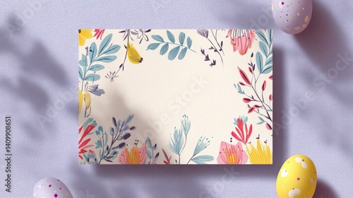 Easter decoration chick ornaments festive banners. Elegant Easter Stationery with Floral Decorations and Eggs Set Against Light Purple Backdrop for Celebrations.