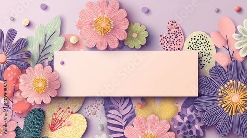 Easter decoration chick ornaments festive banners. Elegant Floral Arrangement for Greeting Card Featuring Paper Cut Flowers and Blank Space Message.