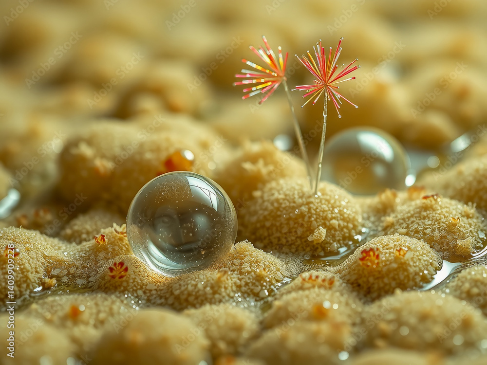 A small flower is growing in a field of sand. The sand is wet and the flower is surrounded by water