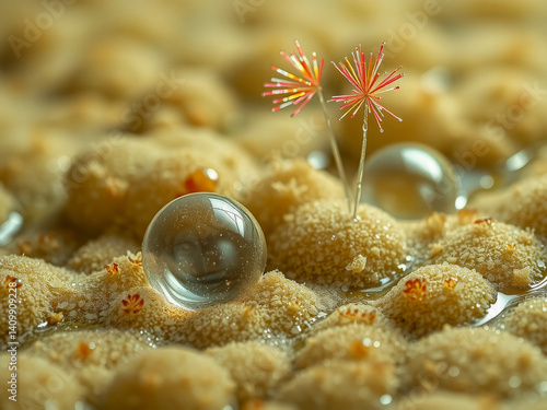Obraz na płótnie A small flower is growing in a field of sand. The sand is wet and the flower is surrounded by water w salonie