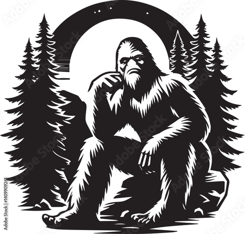 Bigfoot Yeti black and white sitting on a forest silhouette vector design