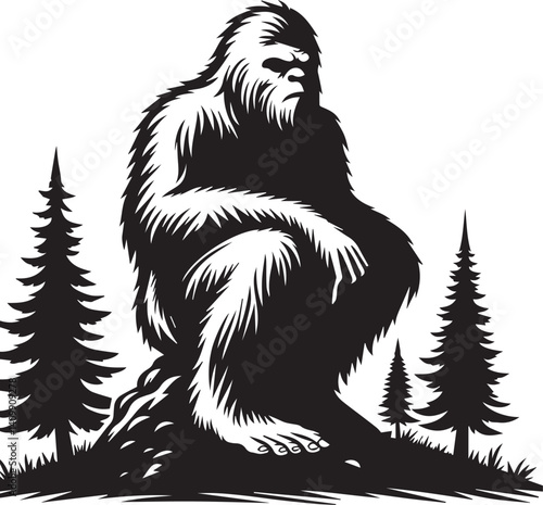 Bigfoot Yeti black and white sitting on a hill silhouette vector design