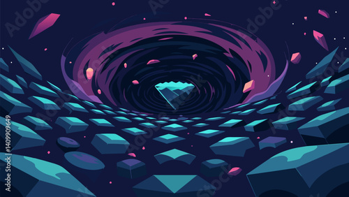 A voidlike abyss with pillars of constantly shifting zettabytes that seem to form intricate patterns.. Vector illustration