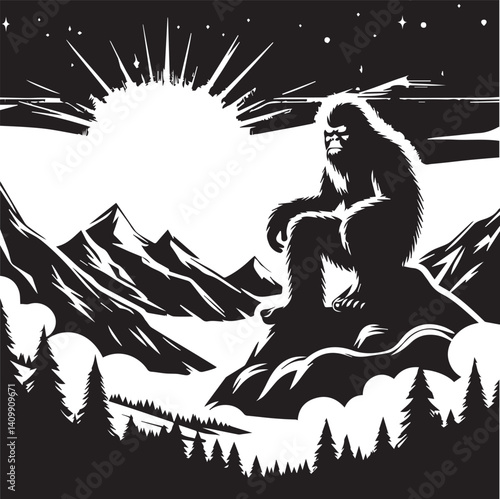 Bigfoot Yeti black and white sitting on a mountain silhouette vector design 
