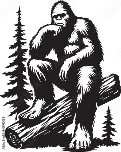 Bigfoot Yeti black and white sitting on a tree silhouette vector design 
