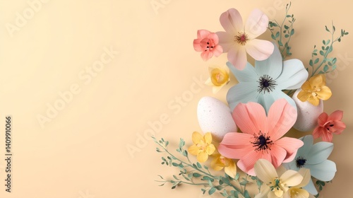 Easter decoration chick ornaments festive banners. Floral Easter Season Arrangement with Pastel Flowers Eggs and Blossoms for Spring Holiday Celebration.