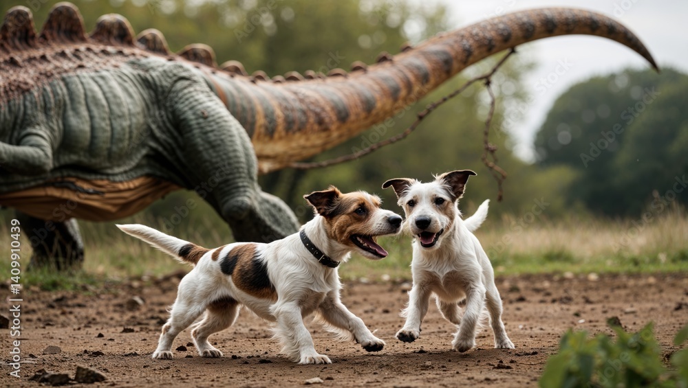 Two playful Jack Russell Terriers running in a field with a dinosaur figure in the background, creating a whimsical scene. Two playful Jack Russell Terriers running in a field with a dinosaur figure in the background, creating a whimsical scene.