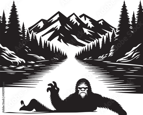 Bigfoot Yeti black and white swimming on a river silhouette vector design