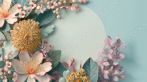 Easter decoration chick ornaments festive banners. Gentle Bloom Harmony Floral Arrangement on a Soft Blue Canvas Evoking Peaceful Serenity and Freshness.