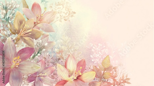 Easter decoration chick ornaments festive banners. Gentle Pastel Floral Arrangement in Bloom Featuring Soft Pink and Yellow Blossoms for Peaceful Art.