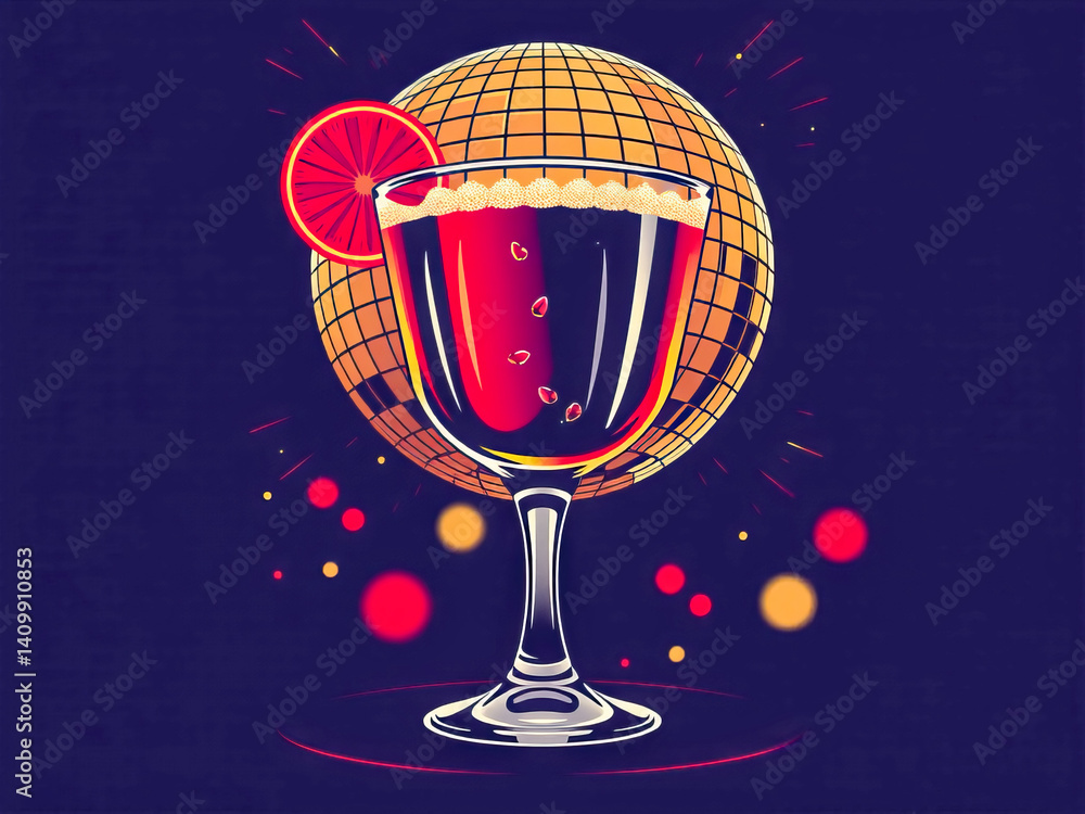 A glass of red wine with a slice of orange on top. The image has a fun and festive mood, with the orange slice adding a pop of color to the drink