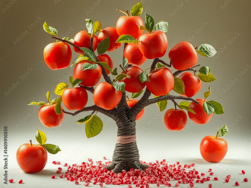 A tree made of apples is displayed with a bunch of apples scattered around it. The scene has a playful and whimsical mood, as if the apples have come to life