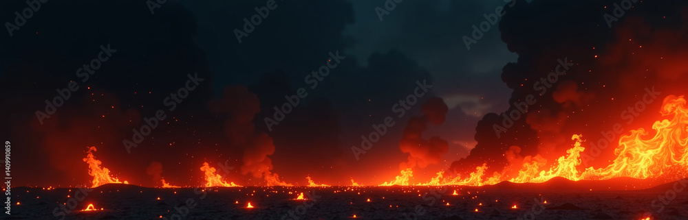 Dark Fiery Background For Apocalyptic Designs With A Wide Banner Space For Text Overlay Over Flames And Smoke Effects. Dark Fiery Background For Apocalyptic Designs With A Wide Banner Space For Text Overlay Over Flames And Smoke Effects.