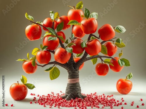 Obraz na płótnie A tree made of apples is displayed with a bunch of apples scattered around it. The scene has a playful and whimsical mood, as if the apples have come to life w salonie