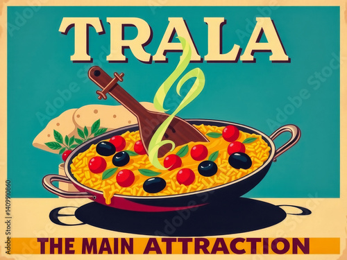 A poster for a restaurant called Trala. The poster features a large bowl of food with a spoon in it. The bowl is filled with a variety of food, including tomatoes, olives, and other ingredients