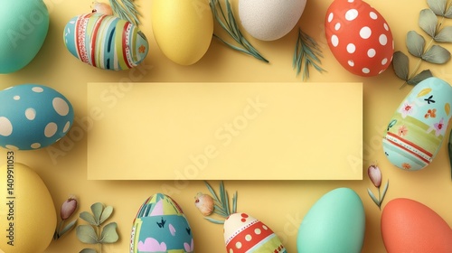 Easter decoration chick ornaments festive banners. Pastel Easter Eggs and Blank Yellow Card Background Composition for Spring Holidays Season Celebration.