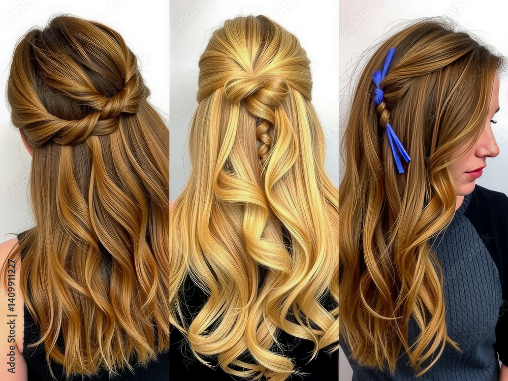 Three women with different hairstyles, one with a blue ribbon. The hairstyles are all different, but they all have a similar color and length. Scene is casual and relaxed