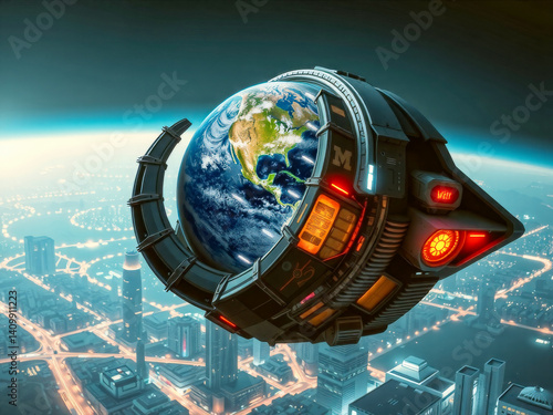 Obraz na płótnie A futuristic space ship is flying over a city with a large planet in the background. The planet is surrounded by a ring of lights, giving the scene a futuristic and otherworldly feel w salonie