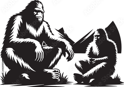 quite Bigfoot Yeti black and white sitting on a mountain silhouette vector design