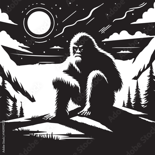 quiet Bigfoot Yeti black and white sitting on a mountain silhouette vector design