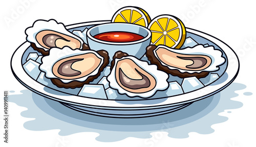 Iconic plate of oysters isolated on crushed ice garnished with lemon wedges, ideal for restaurant menus, food blogs, gourmet presentations