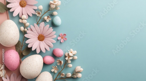 Easter decoration chick ornaments festive banners. Pastel Easter Eggs and Pink Daisies Delightful Floral Arrangement on Soft Blue Background.